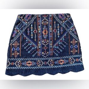 Blue Rain Embroidered Navy Corduroy Mini Skirt Size M
